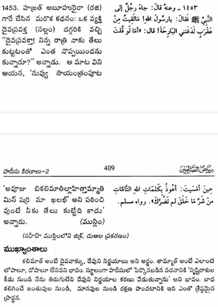సృష్టిరాసుల కీడు నుండి అల్లాహ్ రక్షణ కోరే ఒక మంచి ఉదయపు & సాయంకాలపు దుఆ

أَعُوذُ بِكَلِمَاتِ الله التَّامَّاتِ مِن شَرِّ مَا خَلَق

అఊజు బికలిమాతిల్లాహిత్తామ్మాతి మిన్ షర్రి మా ఖలఖ్. {3 సార్లు పఠించండి}

భావం : అల్లాహ్ సంపూర్ణ వచనాలతో నేను శరణు కోరుతున్నాను, ఆయన సృష్టిలో ఉన్న సర్వ కీడుల నుండి. {3 సారి పఠించండి}

ప్రయోజనం : ఈ దుఆ సాయంకాలం 3 సార్లు చదివినవారికి ఆ రాత్రి ఏ విషపురుగు హాని కలిగించదు. (ముస్లిం 2709).